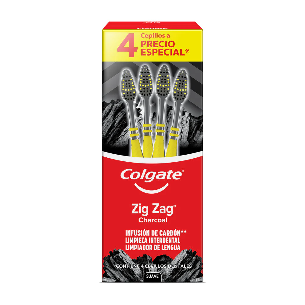 Cepillo Dental Colgate ZigZag Charcoal 4 pzas