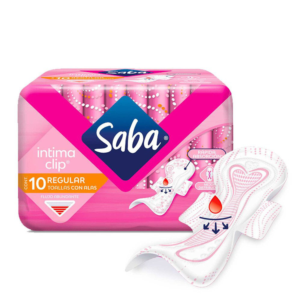 Toallas Femeninas Saba Intima Clip Regular con Alas 10 piezas