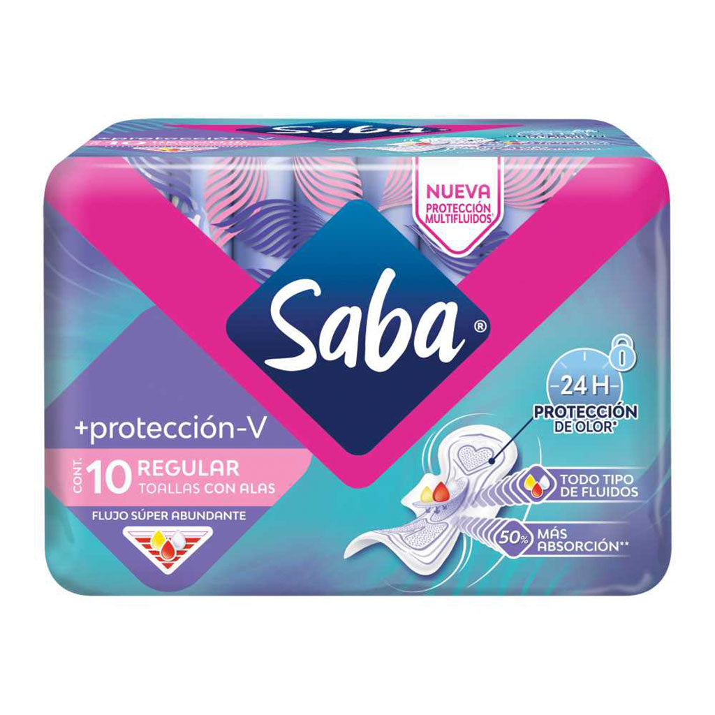 Toallas Femeninas Saba +protección-V Regular con alas 10 pzas